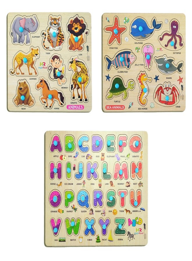 HIGHROOF® Kids Fort Pre Nursery Educational Jigsaw Puzzles for Adults Kids Learning Toys Kit Board Game 3 pcs Set of Animals Alphabets & Sea Animals Educational Toy - Image 1